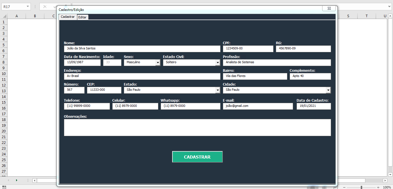 Planilha para cadastro e clientes