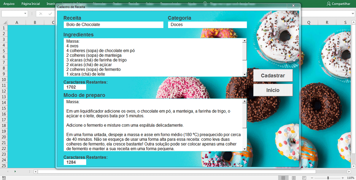 receita culinária no Excel