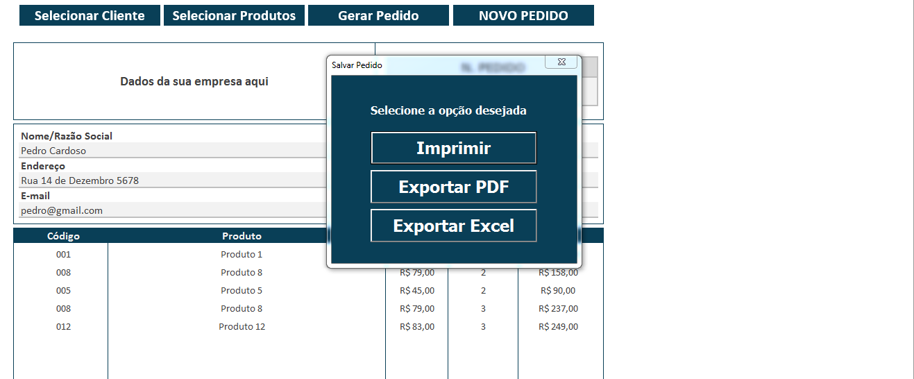 Planilha para gerar pedidos