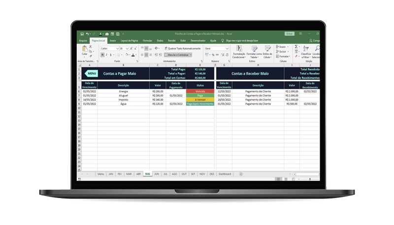 Planilha contas a pagar e receber