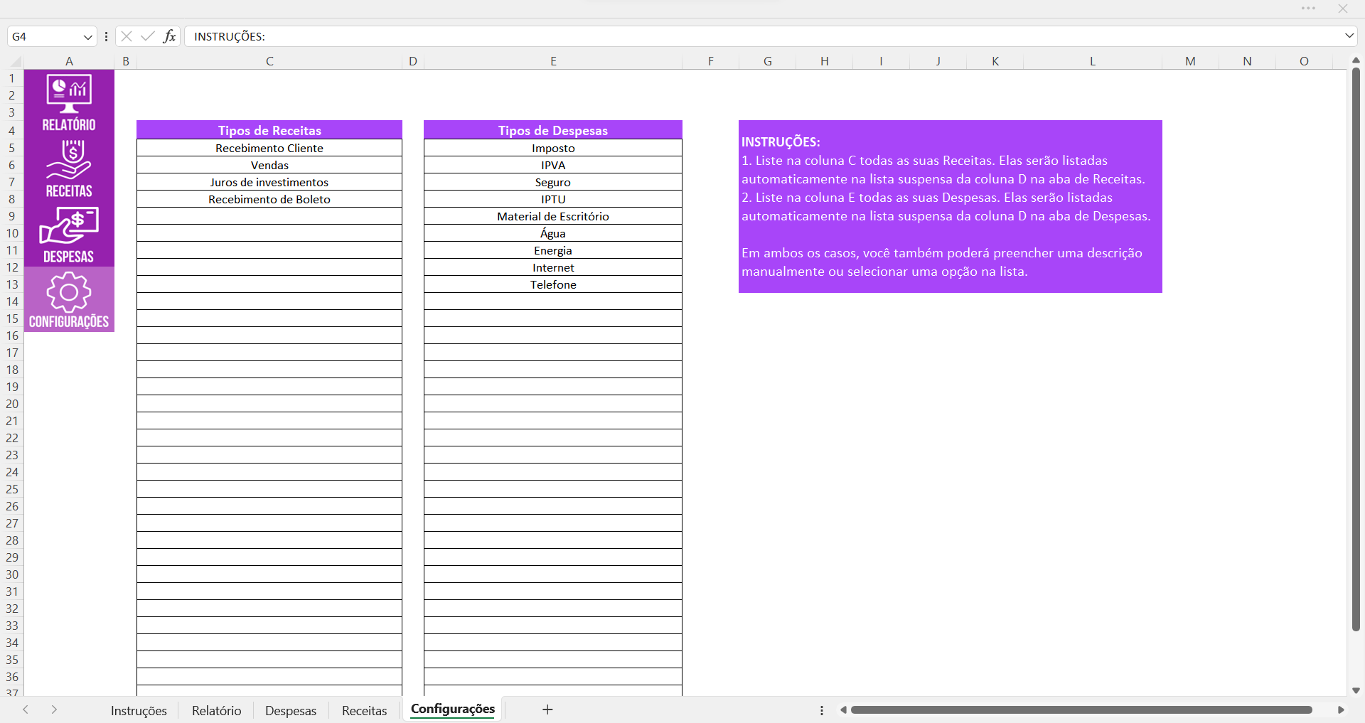 Planilha de Receitas e Despesas Excel