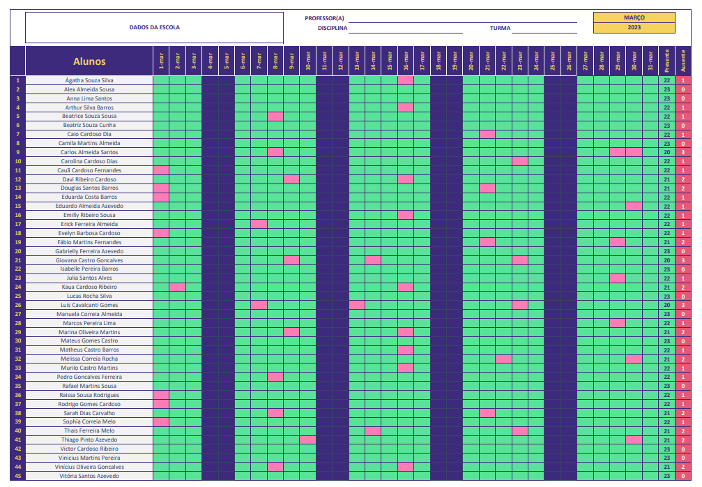 Modelo de lista de presença em Excel com controle mensal de alunos