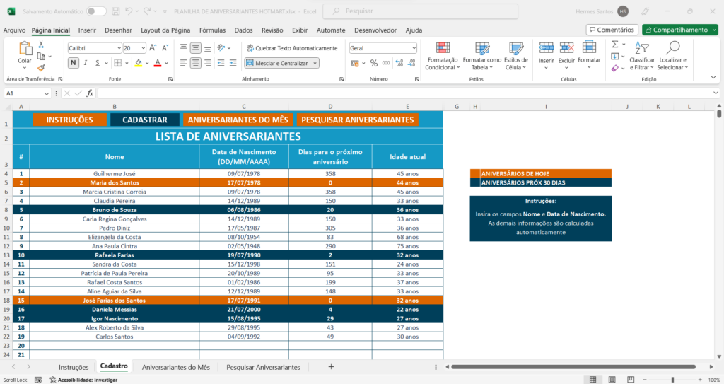 tabela de aniversariantes para editar