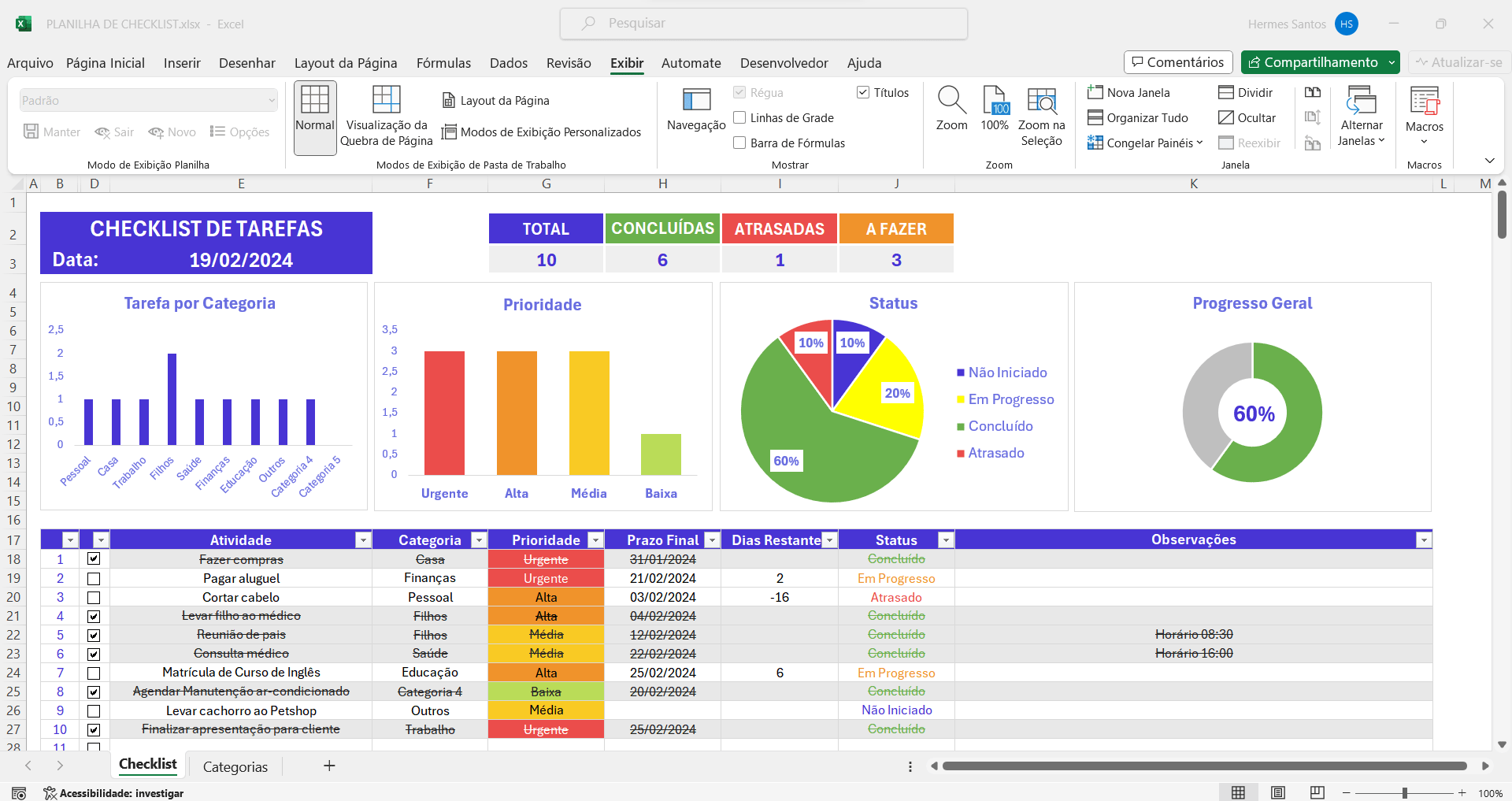 Planilha de Checklist no Excel