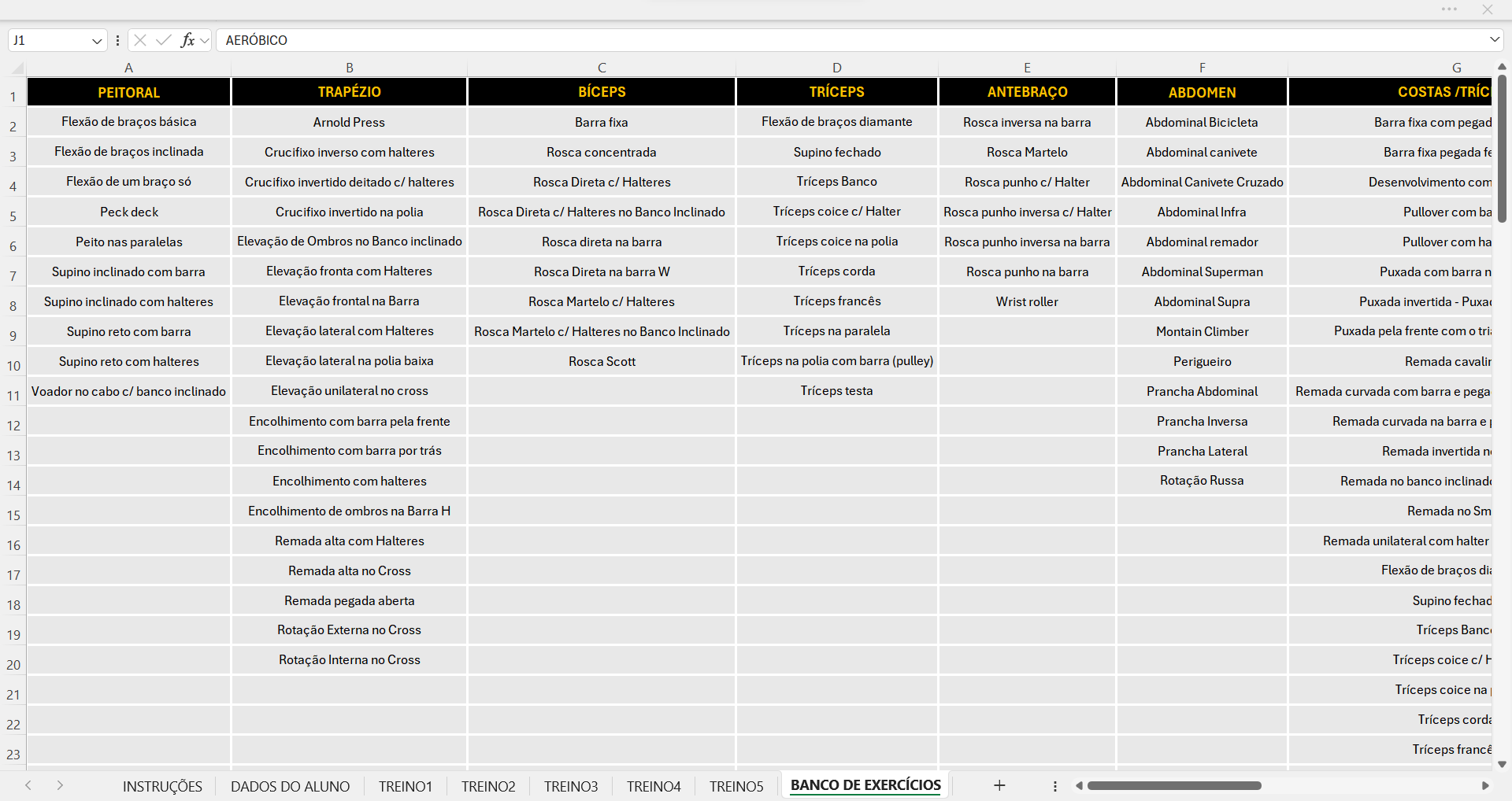 Planilha de ficha de treino