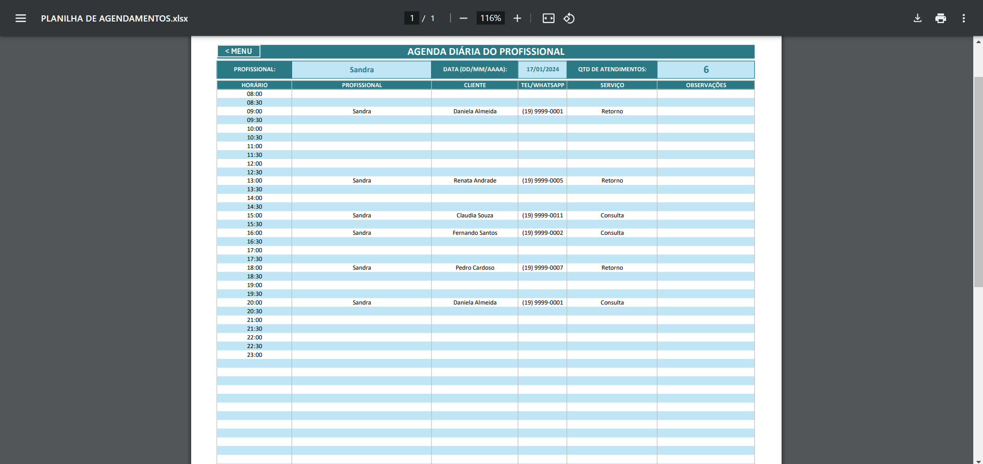 planilha agendamento de clientes