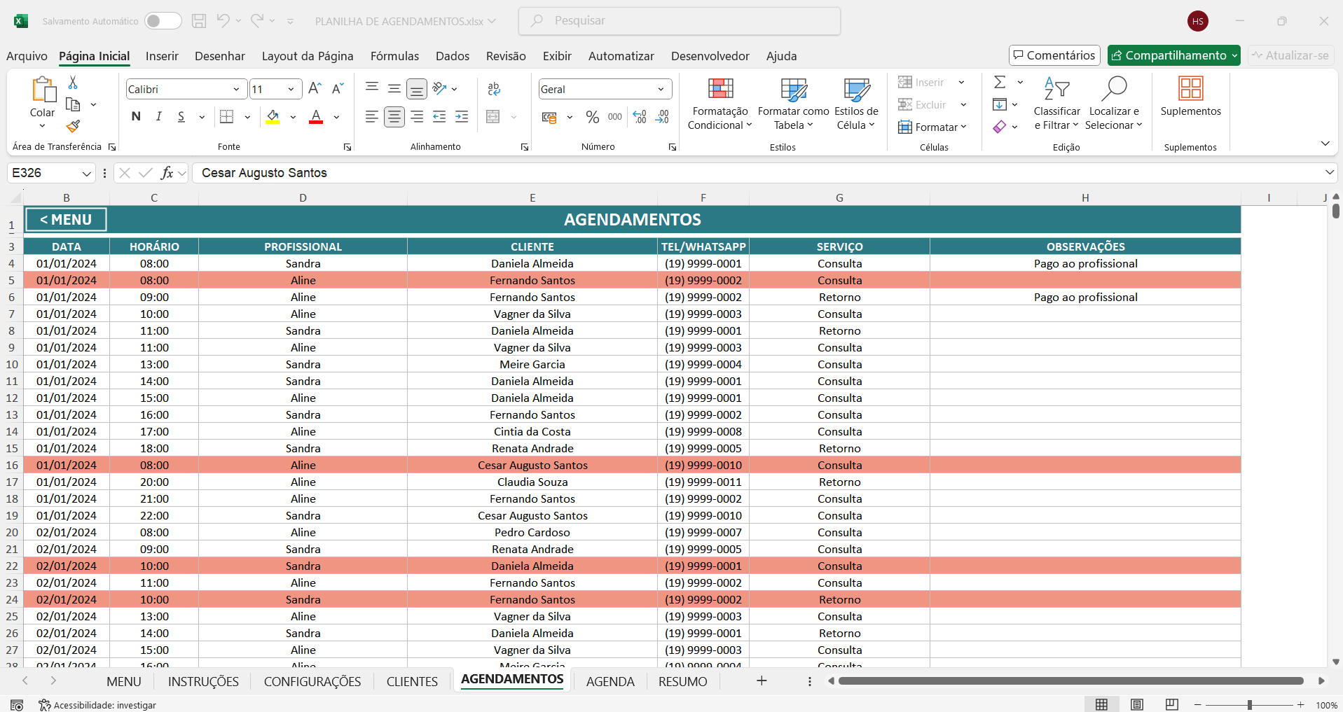 planilha de agendamento de consulta