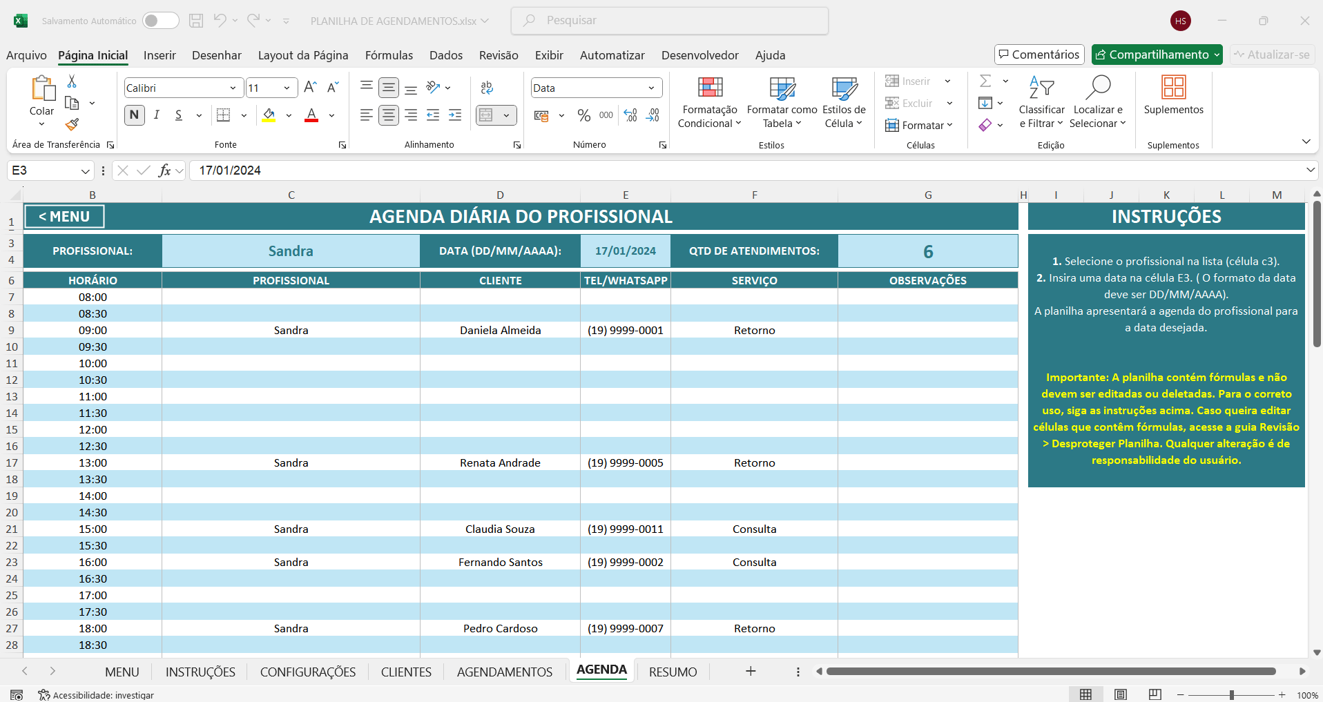 planilha de agendamento semanal