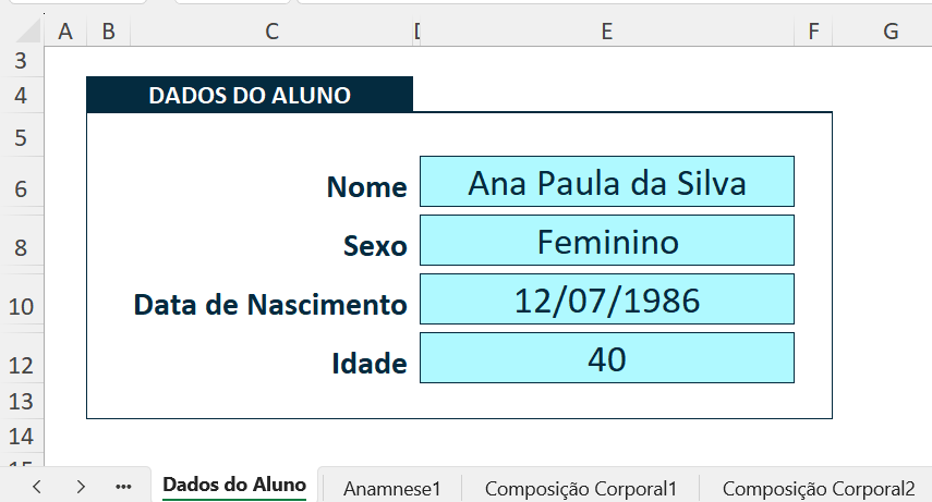 Cadastro de aluno na Planilha de Avaliação Física