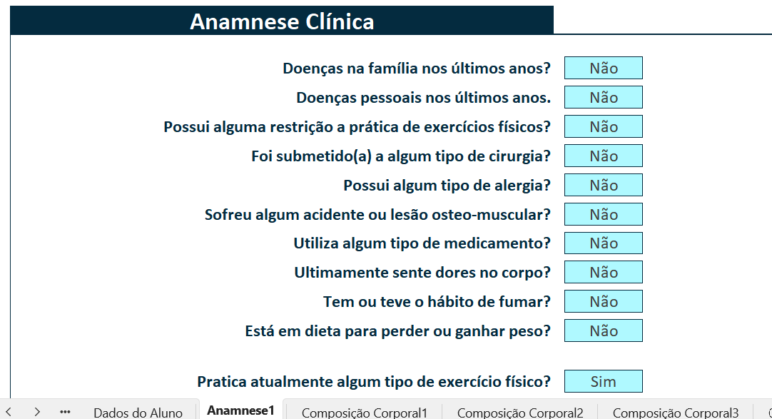 Anamnese da Planilha de Avaliação Física