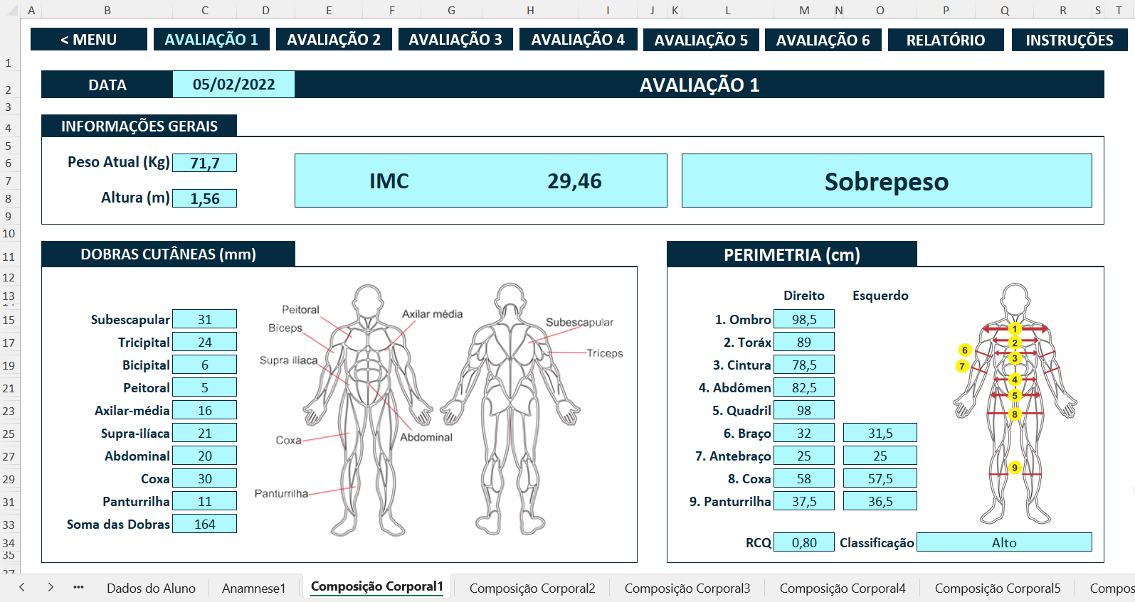 Medidas corporais da Planilha de Avaliação Física