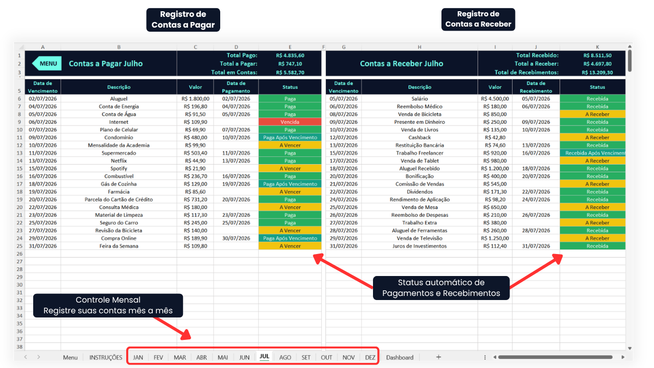 Planilha de Contas a Pagar e Receber em Excel
