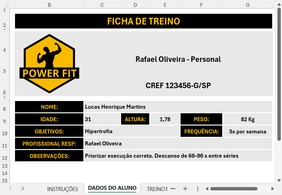 Planilha de treino para personal trainer com cadastro dos dados do profissional e do aluno