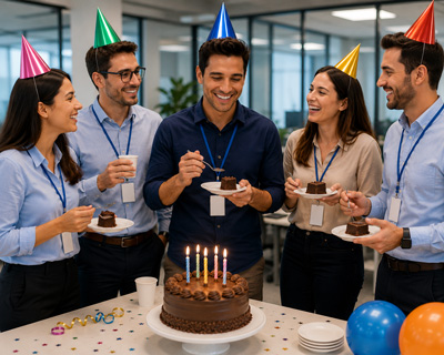 Funcionários comemorando o aniversário de um colega de trabalho