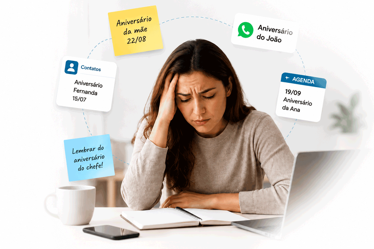 Pessoa tentando organizar datas de aniversários em diferentes lugares