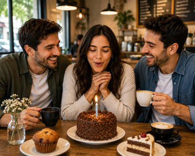 Amigos comemorando um aniversário juntos em uma cafeteria