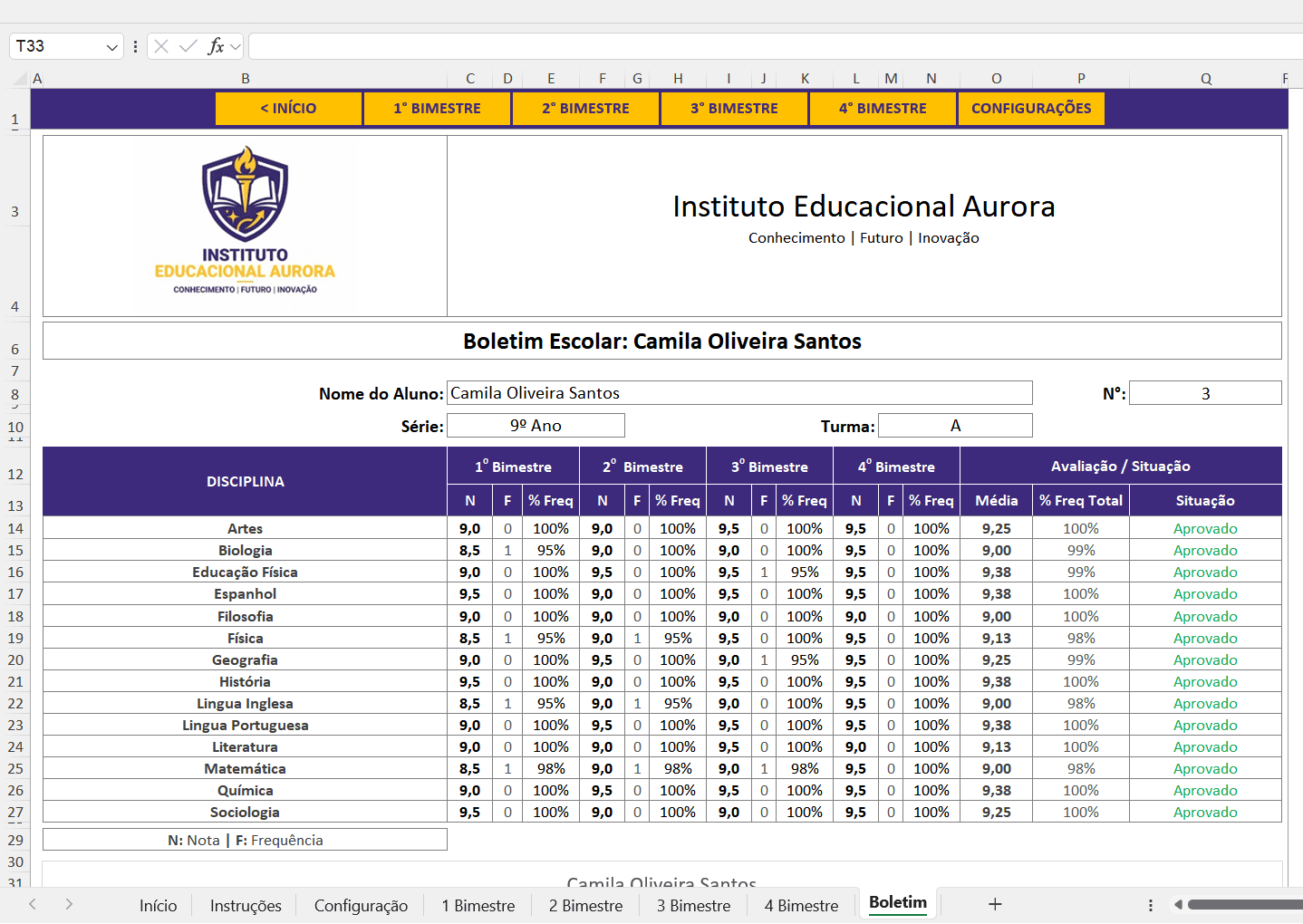 Boletim escolar no Excel com seleção do aluno