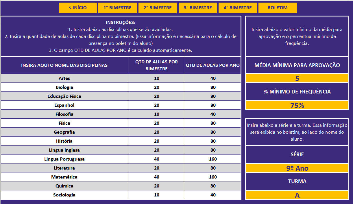 Configurações do Modelo de Boletim Escolar no Excel