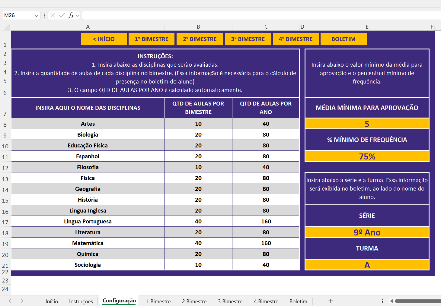 Configurações do Modelo de Boletim Escolar no Excel
