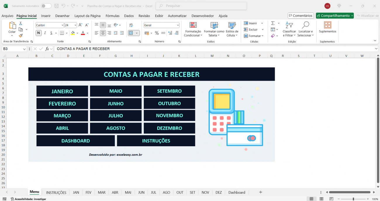 Menu Planilha de Contas a Pagar e Receber