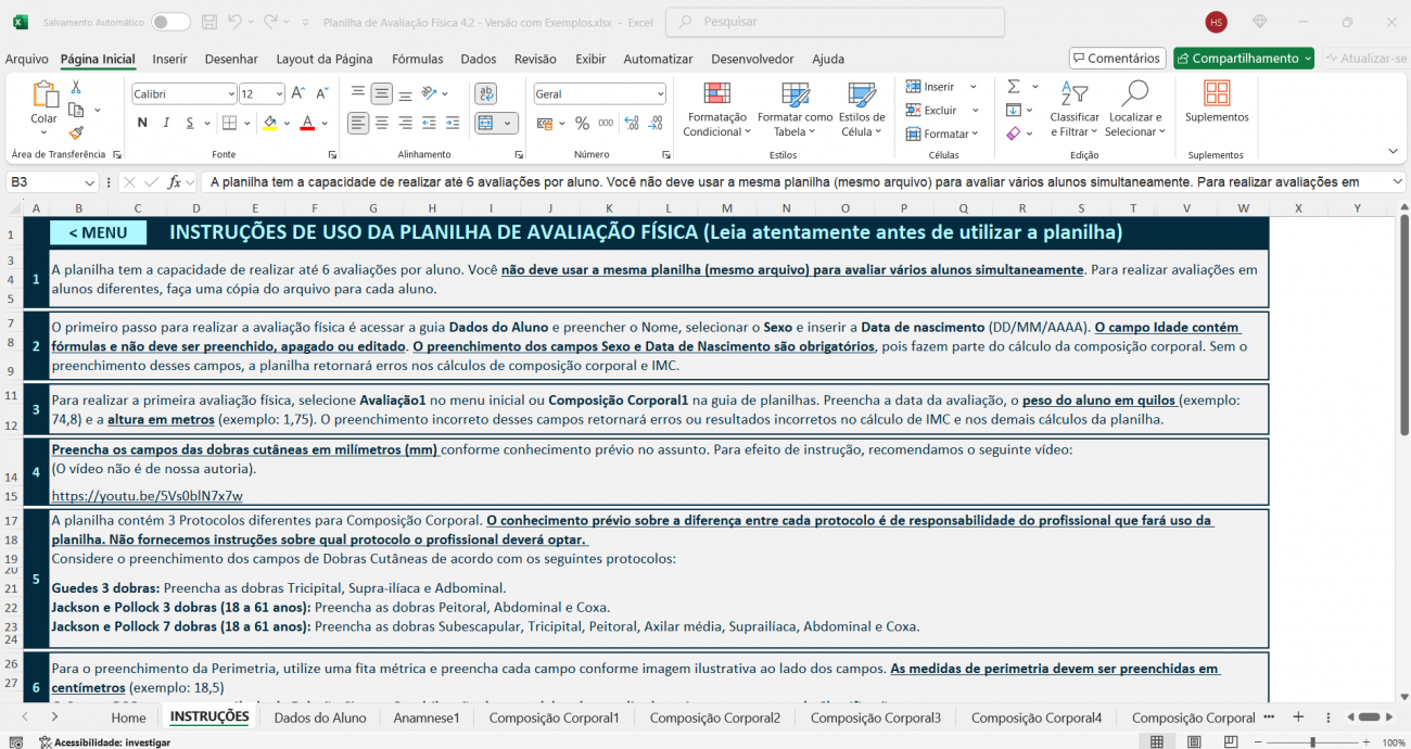 Planilha de Avaliação Fìsica - Instruções