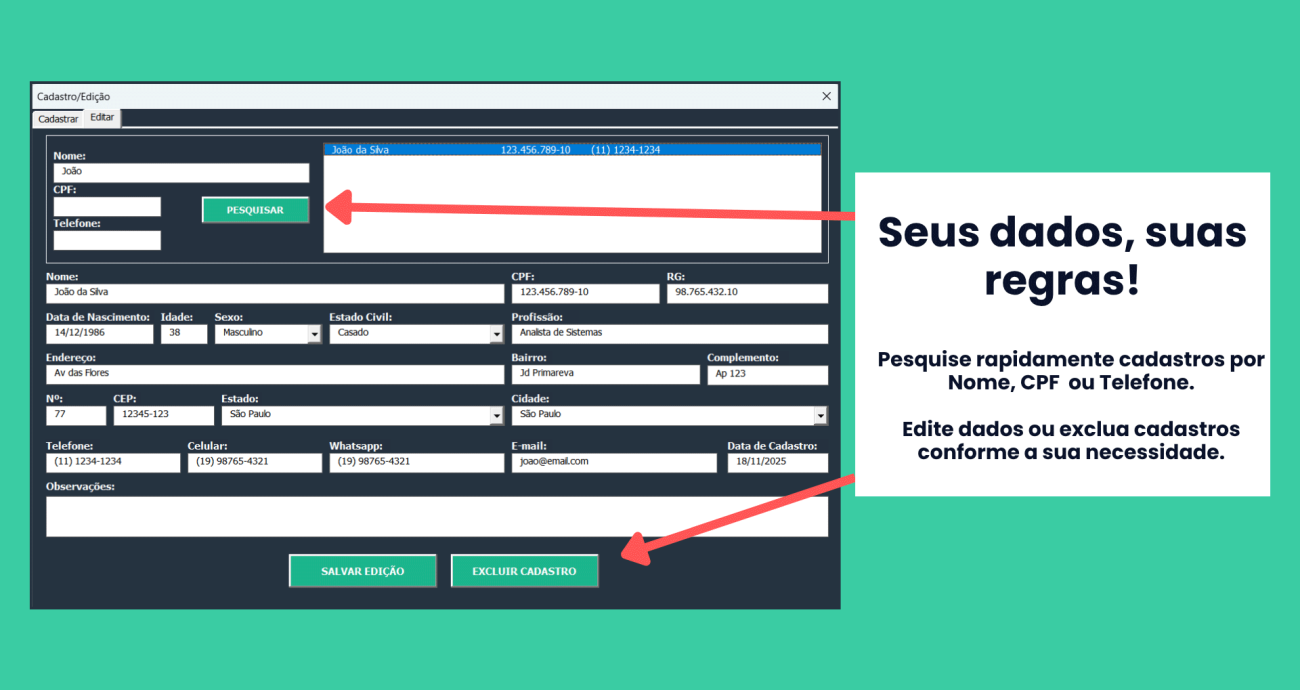 Planilha de Cadastrro de clientes no Excel