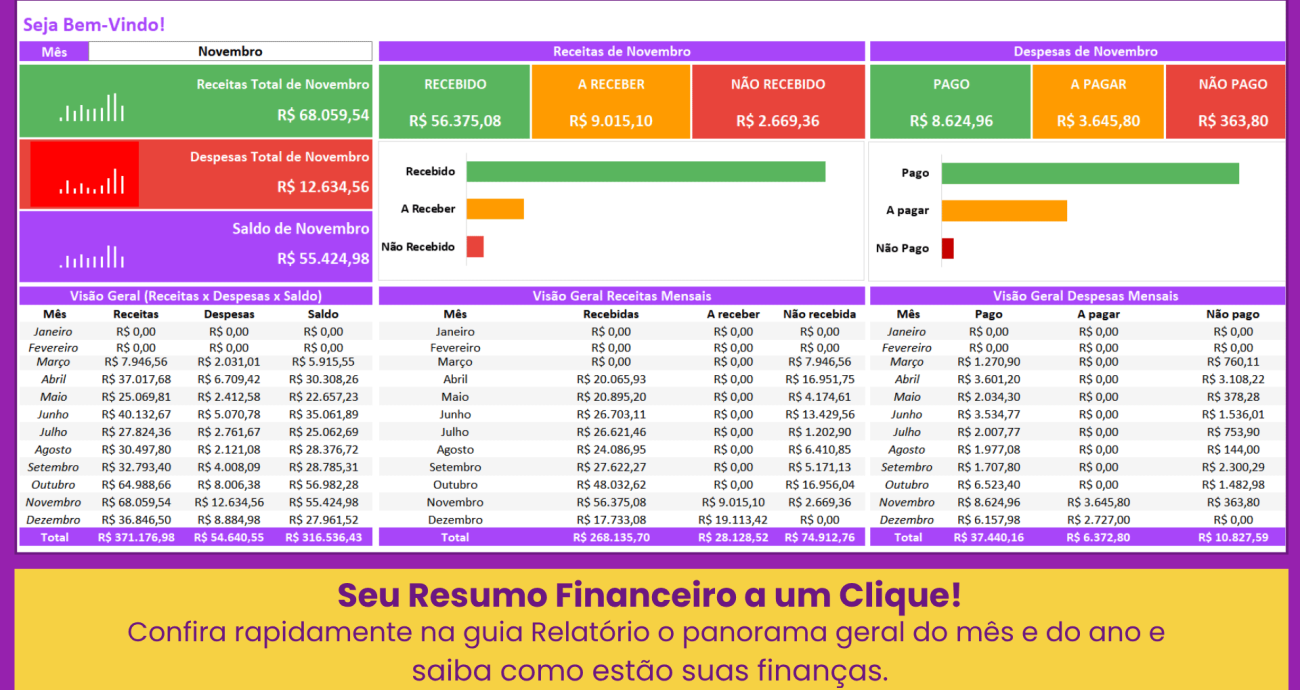 Planilha de Receitas e Despesas com relatório