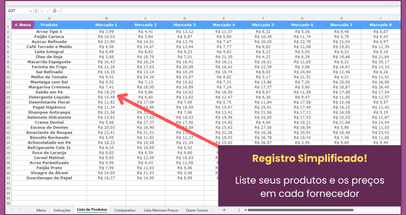 planilha de cotação de preços